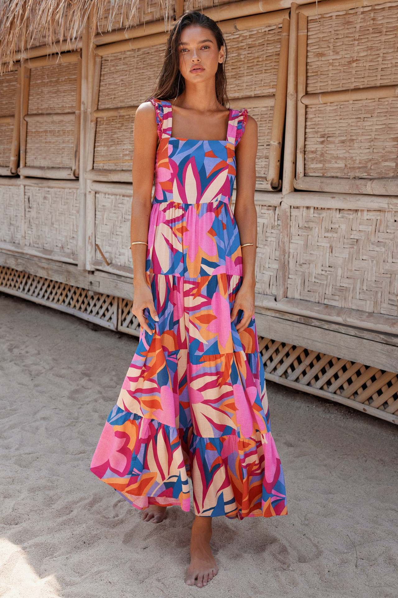 Damen Maxikleid mit trendigem Volant und floralem Muster R&B