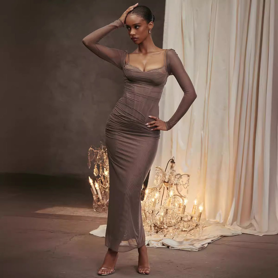 Damen Elegantes Maxikleid mit transparenten Ärmeln R&B