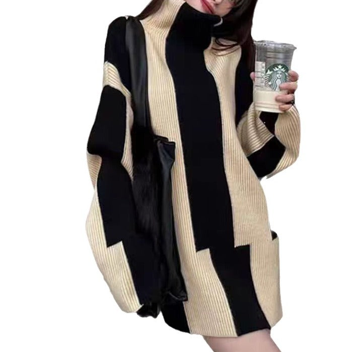 Damen Oversized Strickkleid mit hohem Kragen und grafischem Muster R&B