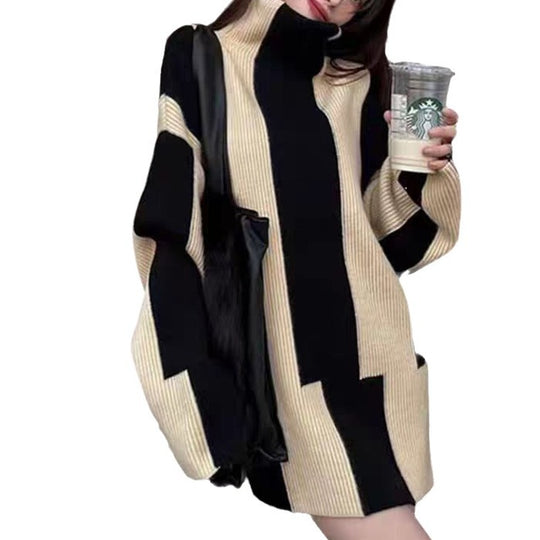 Damen Oversized Strickkleid mit hohem Kragen und grafischem Muster R&B