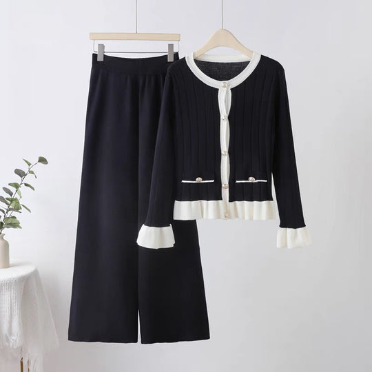 Damen elegantes Strick-Loungewear-Set mit aufgesetzten Taschen und Rüschen R&B