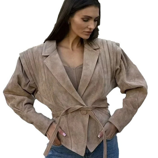 Damen Kunstleder-Bikerjacke mit strukturiertem Design und taillierbarem Gürtel R&B