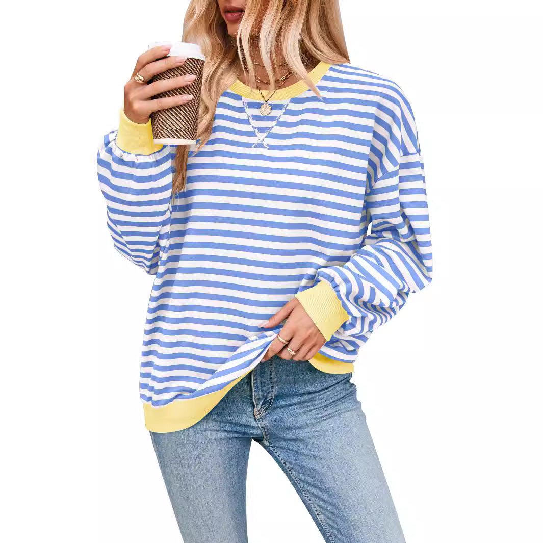Damen lässiger Oversized Sweatshirt mit bunten Streifen und Kapuzenkordel R&B