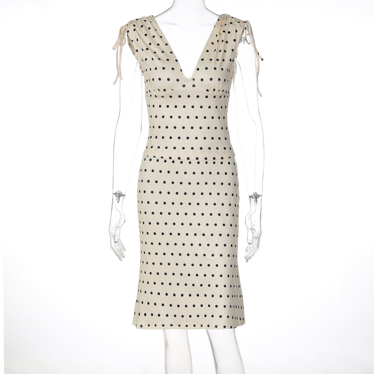 Damen Elegantes Polka-Dot Kleid mit tiefem V-Ausschnitt und verstellbaren Schulterbändern R&B