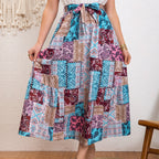 Damen Maxirock mit buntem Patchwork-Design und Taillengürtel R&B
