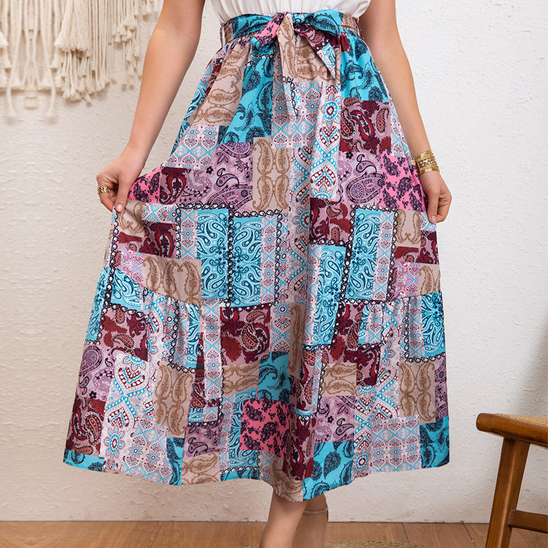 Damen Maxirock mit buntem Patchwork-Design und Taillengürtel R&B