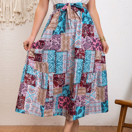 Damen Maxirock mit buntem Patchwork-Design und Taillengürtel R&B