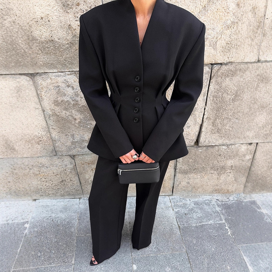 Damen Eleganter Blazer-Hosenanzug mit taillierter Silhouette und klassischen Knopfdetails R&B