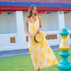 Damen Maxikleid mit zarten Blättermotiven und leichtem Stoff R&B
