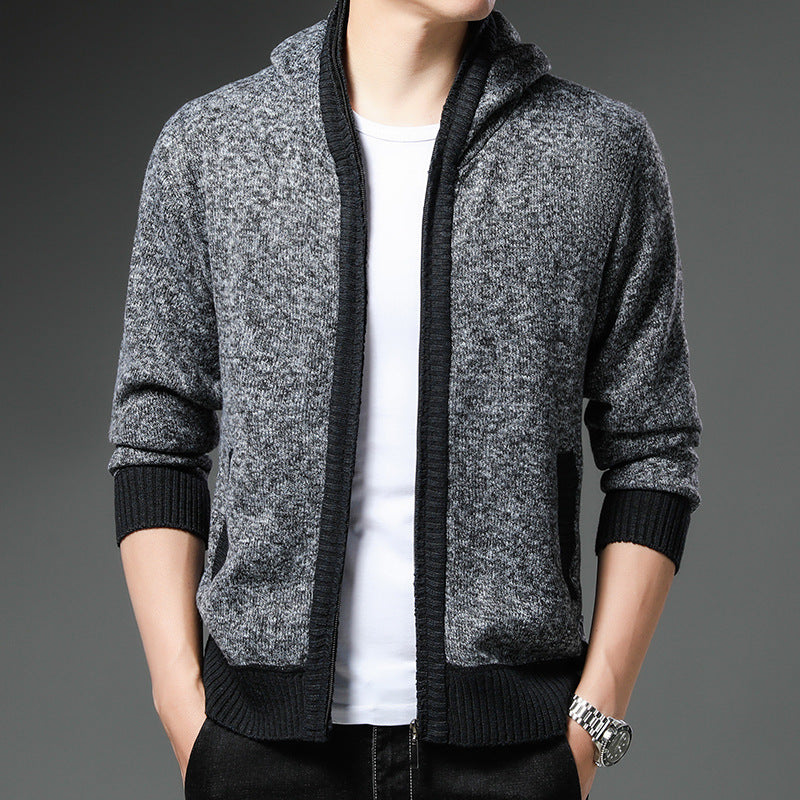 Herren Moderne Strickjacke mit Kapuze und schwarz-weißen Akzenten R&B