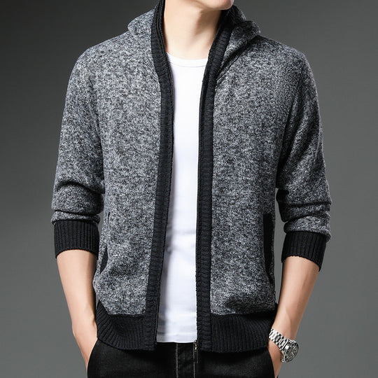 Herren Moderne Strickjacke mit Kapuze und schwarz-weißen Akzenten R&B