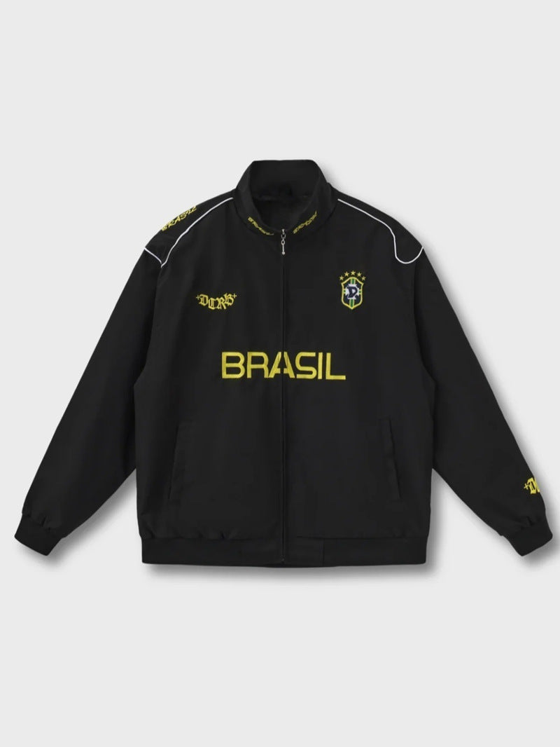 Unisex nan sportliche Retro-Trainingsjacke mit Stehkragen Reißverschluss Brustemblem und Brasilien-Schriftzug R&B