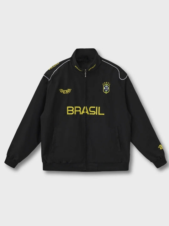 Unisex nan sportliche Retro-Trainingsjacke mit Stehkragen Reißverschluss Brustemblem und Brasilien-Schriftzug R&B