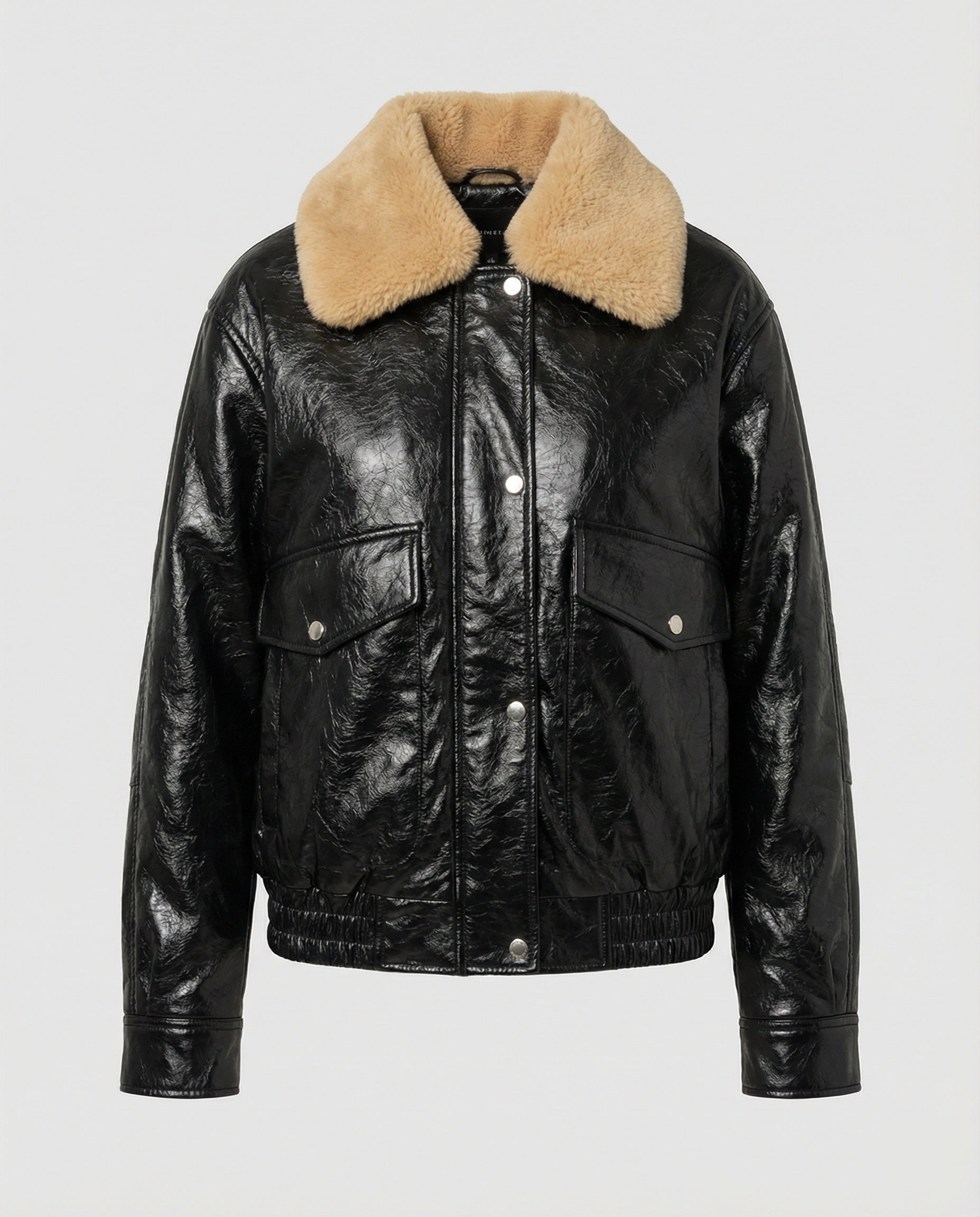 Damen glänzende Kunstleder-Bomberjacke mit voluminösem Teddykragen, Pattentaschen und elastischem Saum R&B