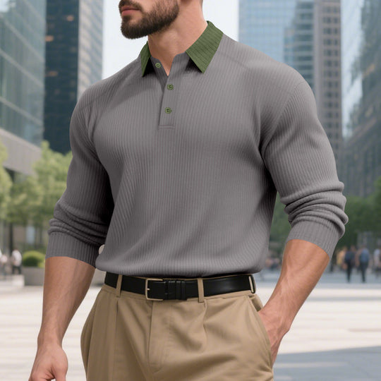 Herren lässiges Langarm-T-Shirt mit strukturiertem Stoff und modischem Kragen R&B