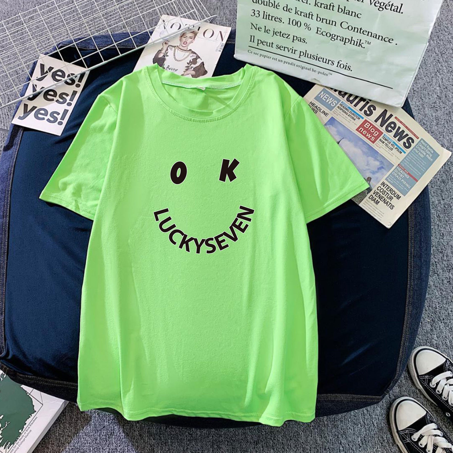 Damen modisches T-Shirt mit lässigem Smiley-Print und hochwertiger Baumwollqualität