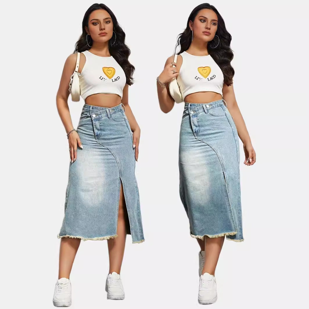Damen Midi-Jeansrock mit hoher Taille und modischem Fransenabschluss