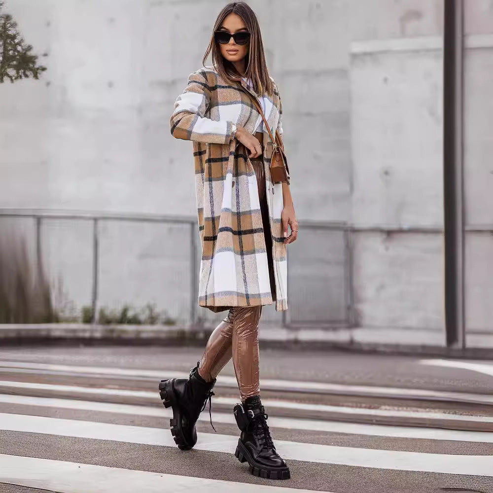 Damen Langer Wollmantel mit kariertem Muster und taillierbarem Gürtel R&B