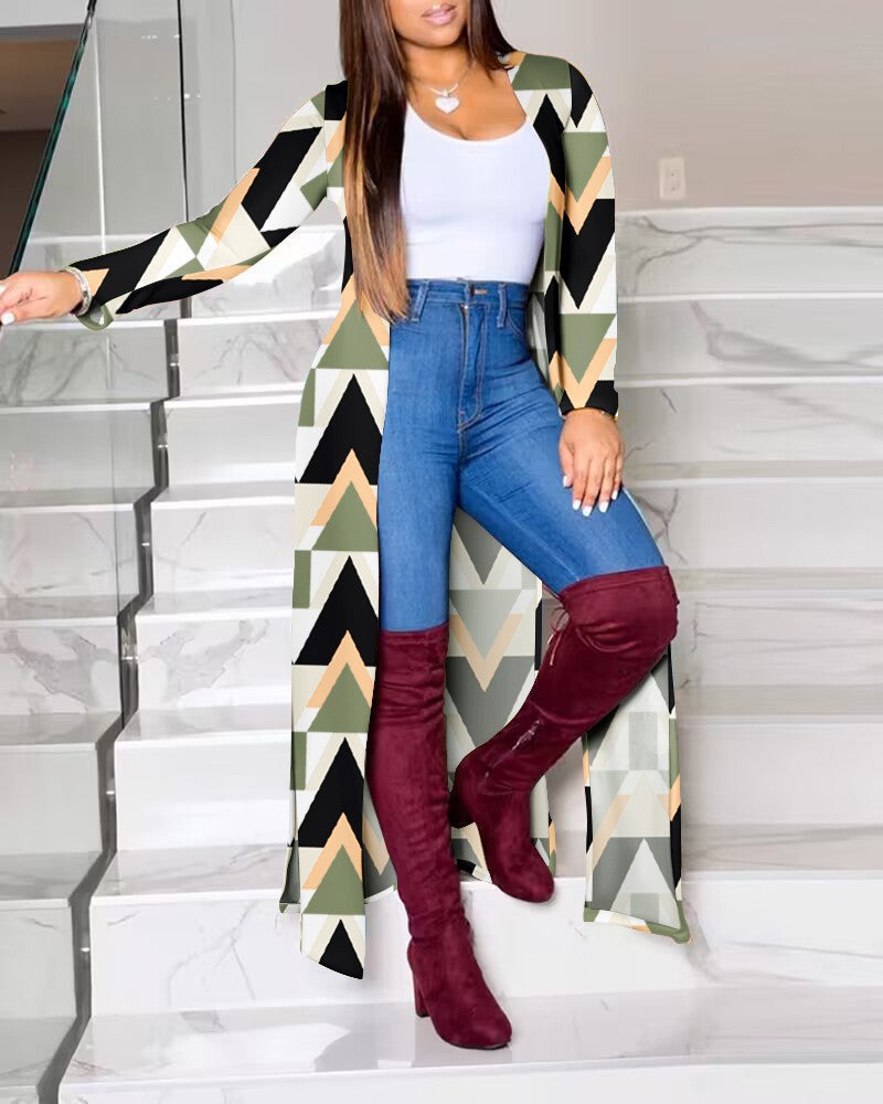 Damen Lange Strickjacke mit modernem grafischem Muster R&B