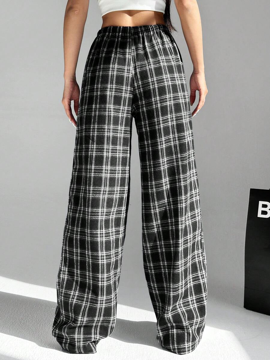 Damen lässige Karohose mit elastischem Bund und Kordelzug R&B