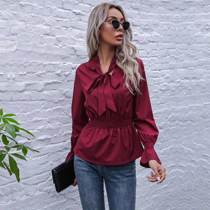 Damen elegante Bluse mit Schleifen-Ausschnitt und elastischem Bund R&B
