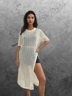 Damen Langer Strick-Kimono mit offenem Design und atmungsaktiver Maschenstruktur R&B