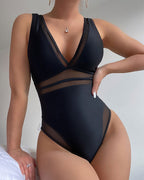 Damen Design-Einteiler Badeanzug mit tiefem V-Ausschnitt und sportlichem Schnitt R&B