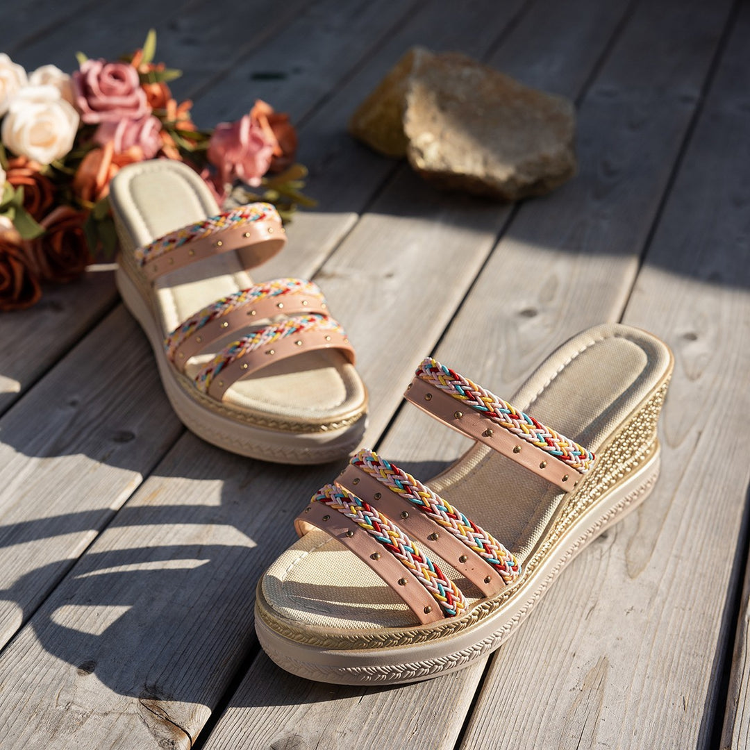 Damen Wedge-Sandaletten mit bunten Zierbändern und rutschfester Sohle R&B