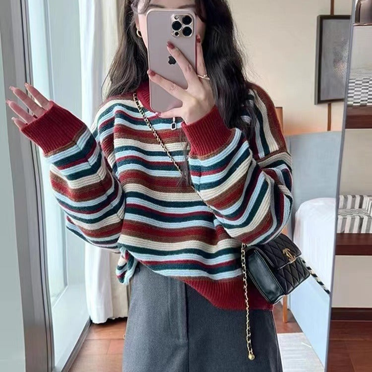 Damen gestreifter Pullover mit weitem Schnitt und modischen Details R&B