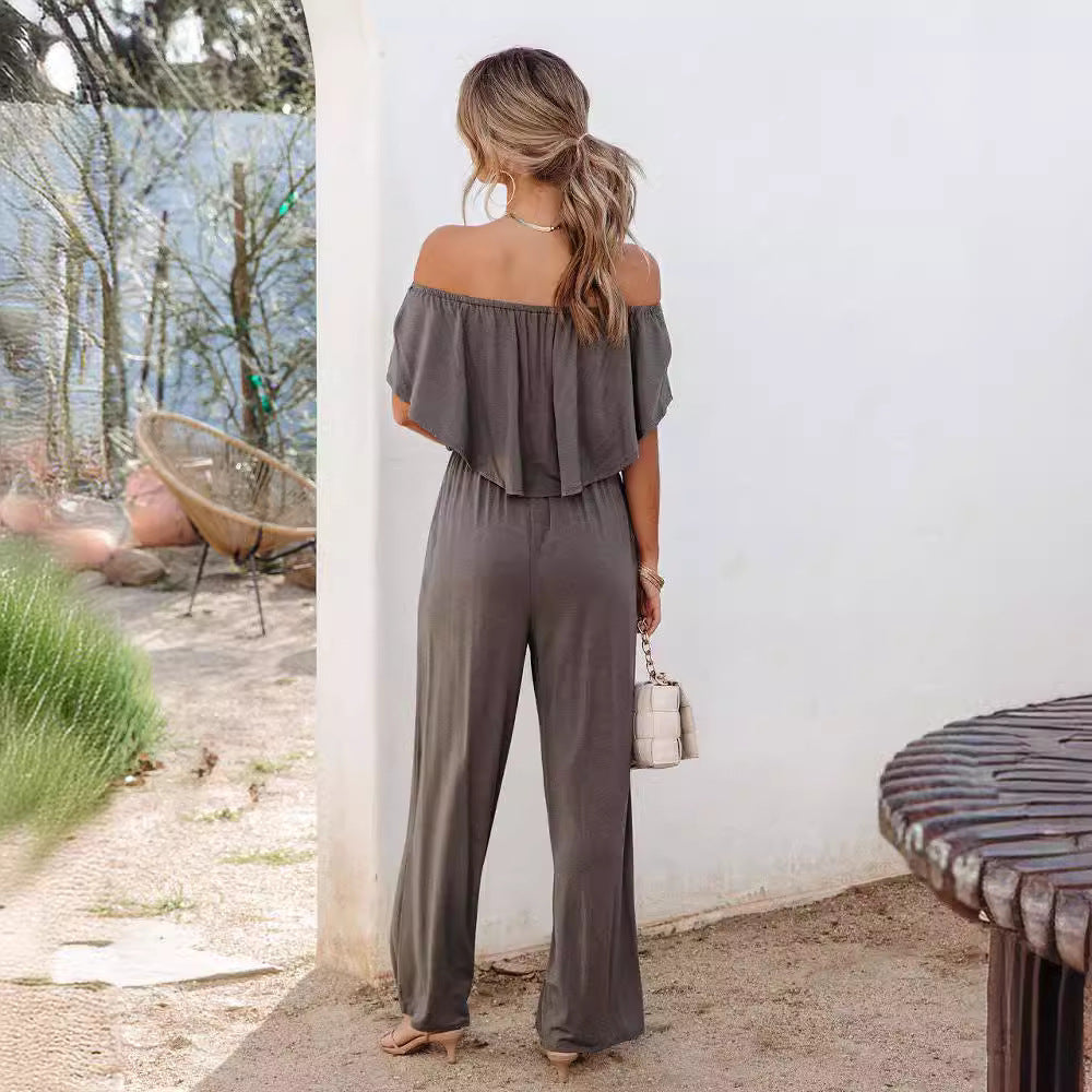 Damen Off-Shoulder Jumpsuit mit weitem Bein und elastischem Bund R&B
