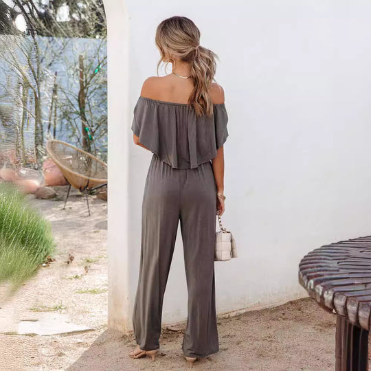 Damen Off-Shoulder Jumpsuit mit weitem Bein und elastischem Bund R&B