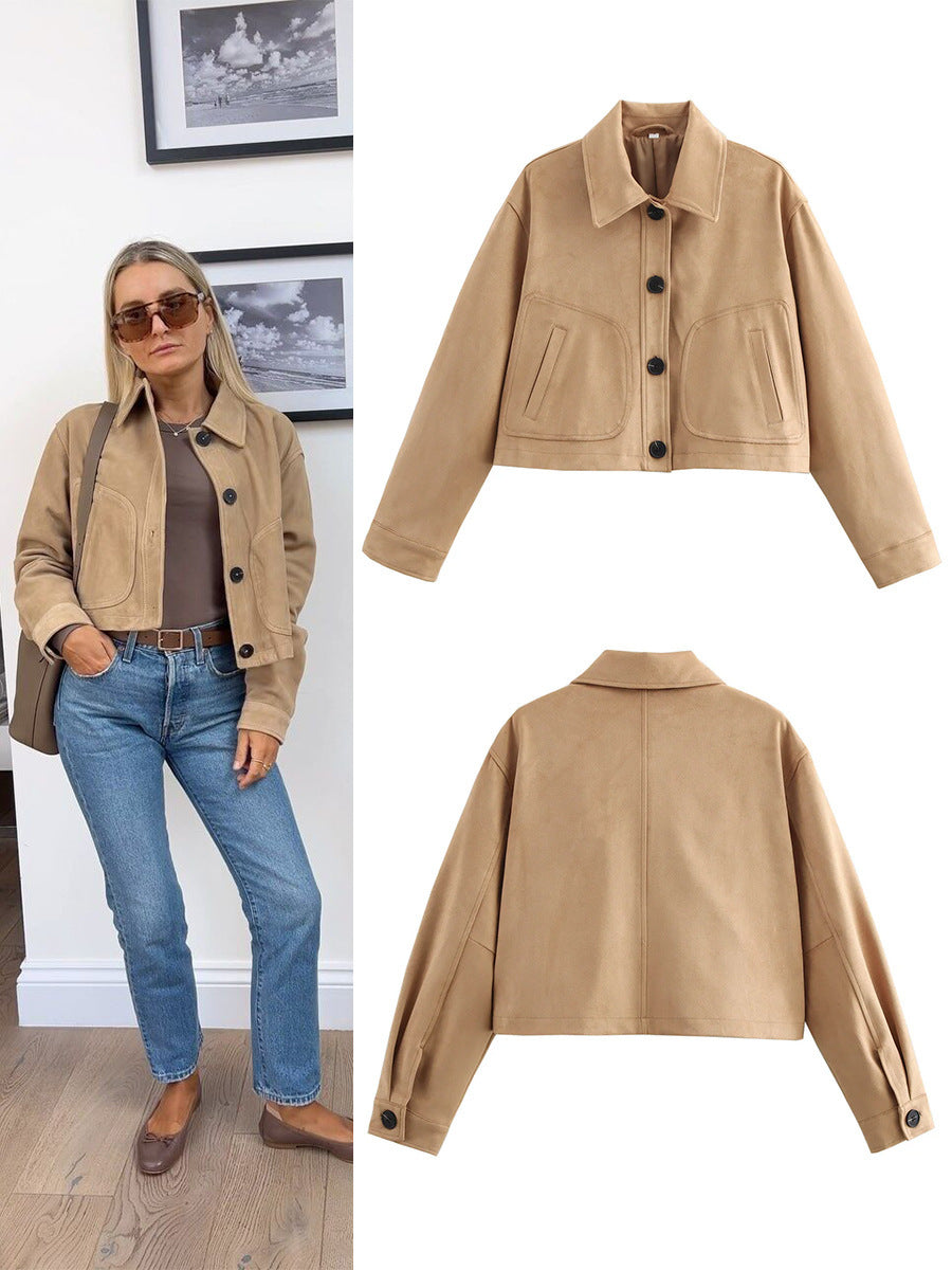 Damen cropped Jacke aus hochwertigem Wildlederimitat mit großen Taschen R&B