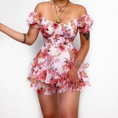 Damen Kurzarm Overall mit romantischem Blumenmuster und fließendem Schnitt R&B