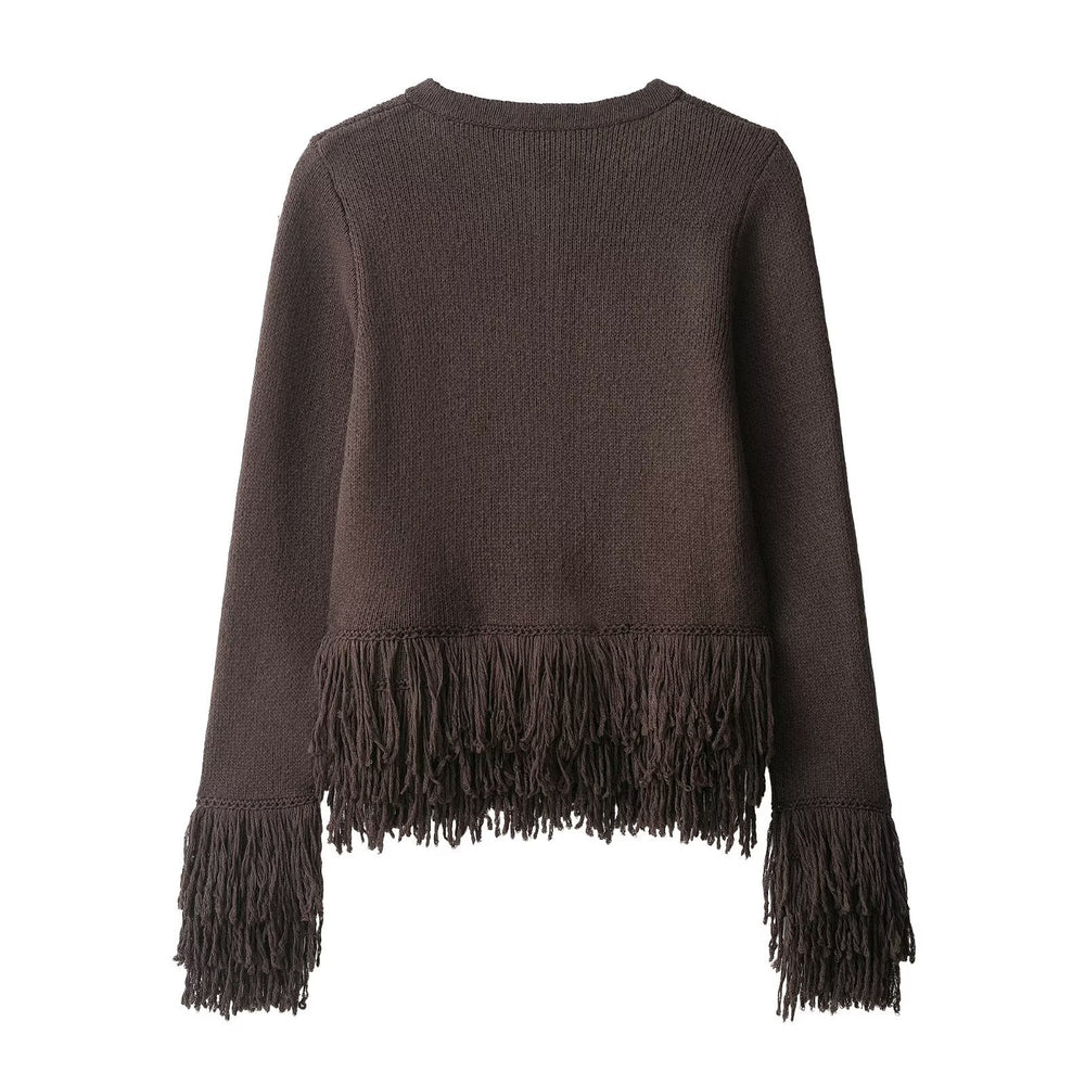 Damen Fransen Strickjacke mit eleganter Knopfverschlusstechnik R&B