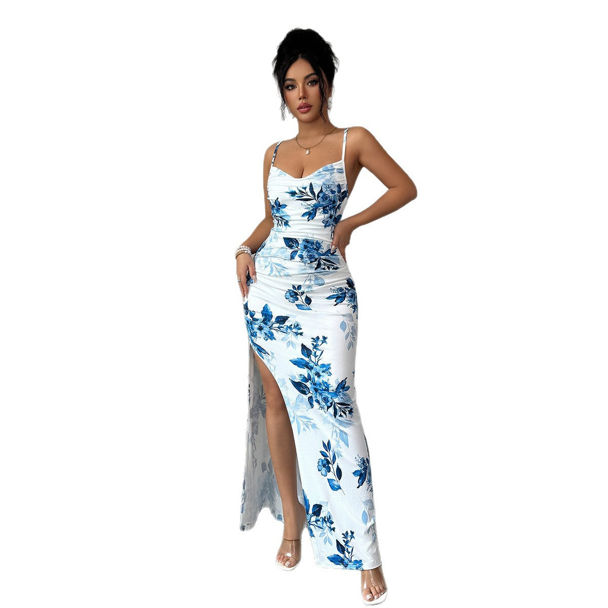 Damen Maxi-Kleid mit seitlichem Schlitz und blumigem Design R&B