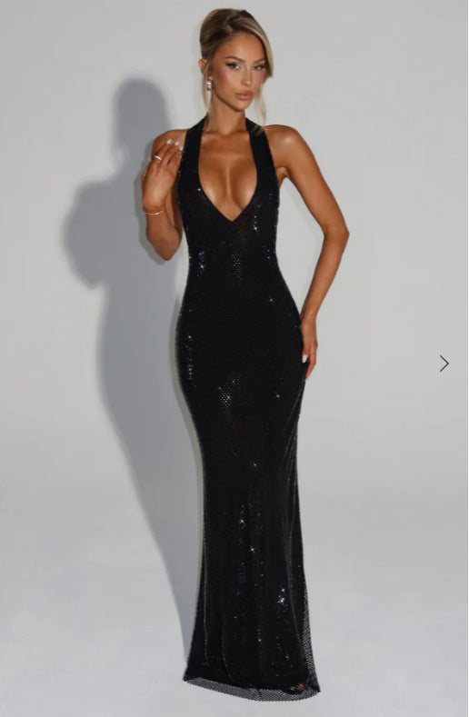 Damen Glitzerndes Abendkleid mit tiefem V-Ausschnitt und figurbetontem Schnitt R&B