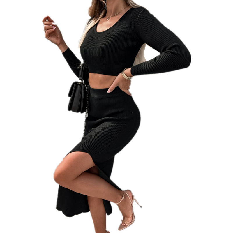 Damen Figurbetonendes Rippstrick-Set mit langem Arm und Schlitz-Wickelrock R&B