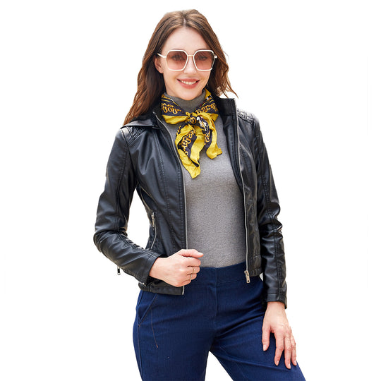 Damen stilvolle Kunstlederjacke mit hochabschließendem Kragen und elastischen Bündchen R&B