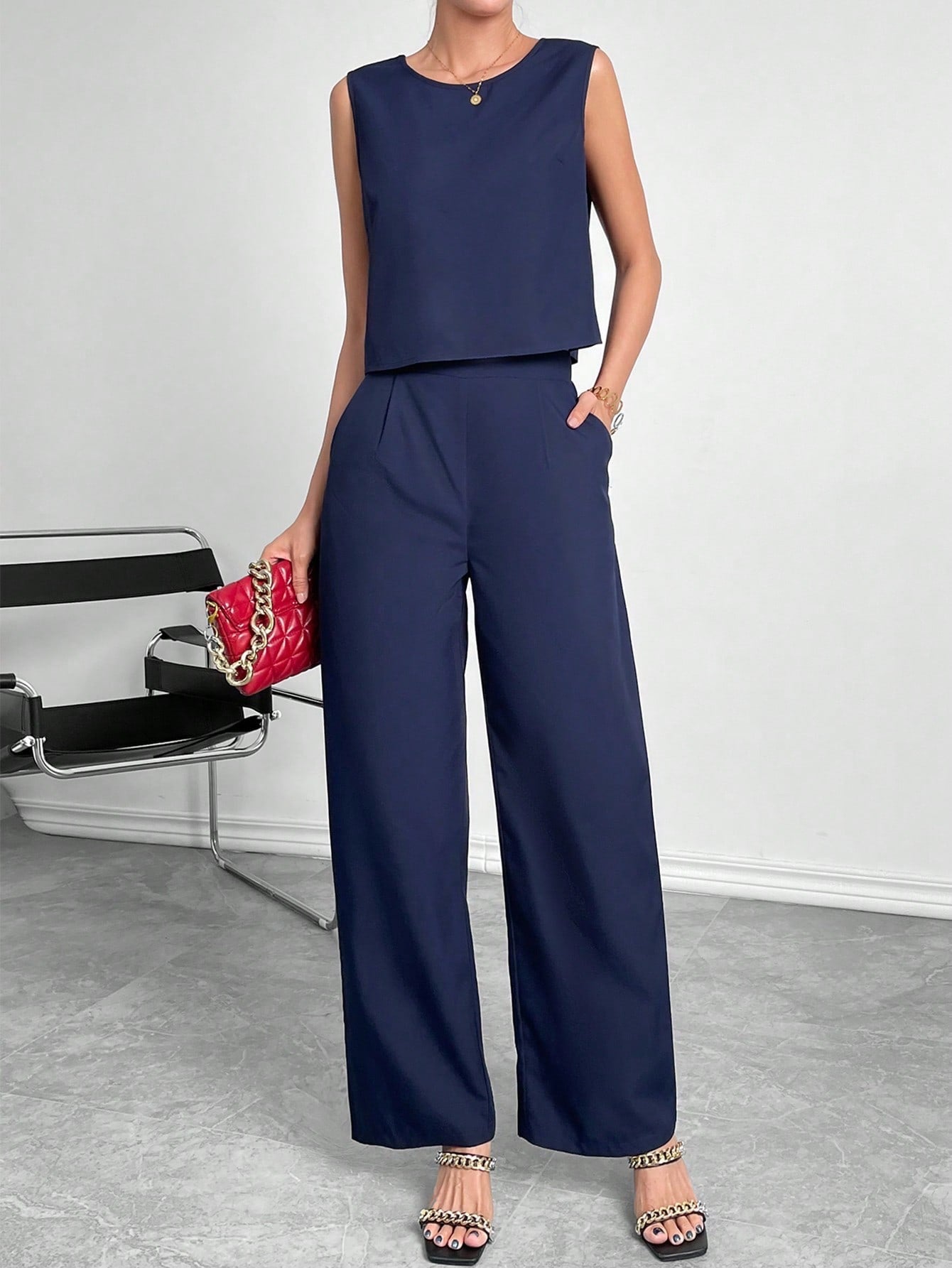 Damen Modisches Zweiteiliges Set mit Cropped Oberteil und weiten Hosen R&B