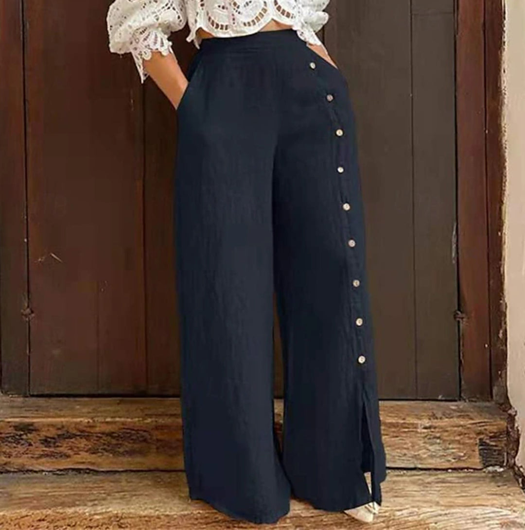 Damen nan hochgeschnittene Leinenhose mit seitlicher Zierknopfleiste, Eingrifftaschen und weitem Beinschnitt R&B