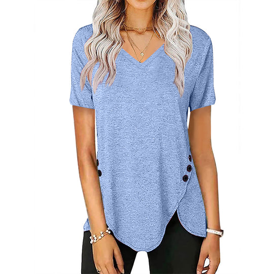 Damen lässiges V-Ausschnitt T-Shirt mit asymmetrischem Saum und dekorativen Knopfdetails R&B
