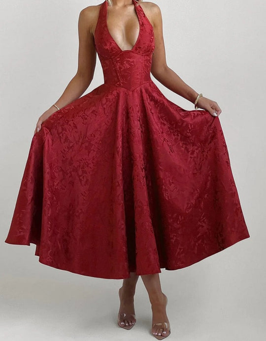 Damen Elegantes Halterneck-Ballkleid mit fließendem Rock R&B