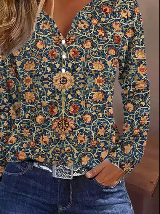 Damen elegantes Langarmshirt mit grafischem Farbverlauf und Knopfdetails R&B