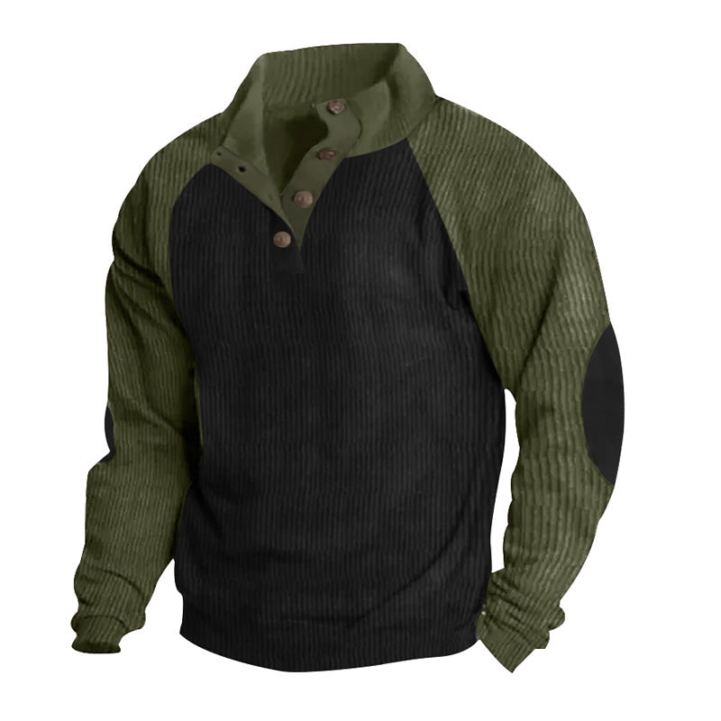Herren nan Cordoptik-Halbknopf-Pullover mit Stehkragen, Raglanärmeln und Ellenbogenpatches R&B