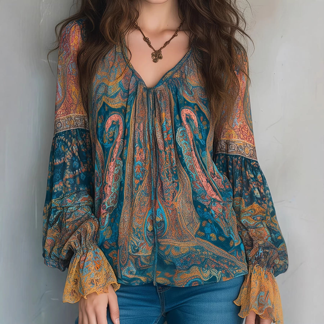 Damen Boho-Chic Bluse mit geflammten Ärmeln und V-Ausschnitt R&B