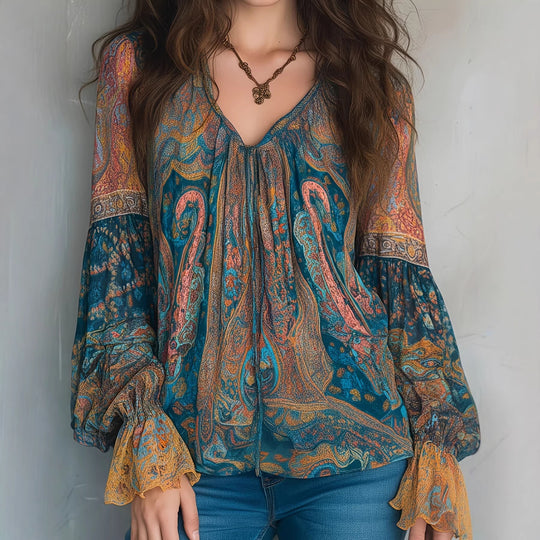 Damen Boho-Chic Bluse mit geflammten Ärmeln und V-Ausschnitt R&B
