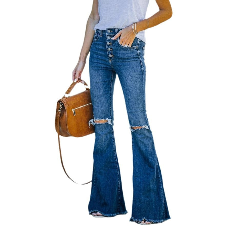 Damen Flared Jeans mit modischen Fransen und hoch sitzendem Bund R&B