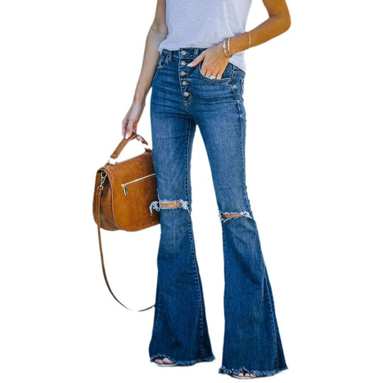 Damen Flared Jeans mit modischen Fransen und hoch sitzendem Bund R&B