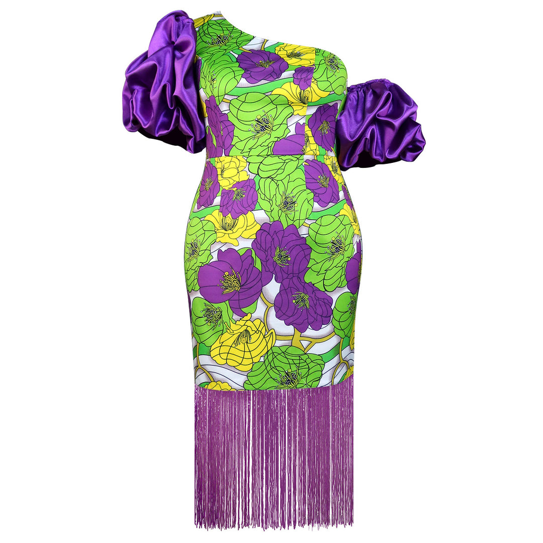 Damen Elegantes Schulterfreies Kleid mit voluminösen Puffärmeln und Fransen R&B