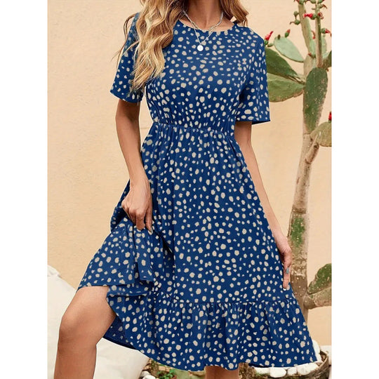 Damen Sommerliches A-Linien Kleid mit Rüschensaum und Punkten R&B